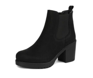 Black stylish boots,Classic ankle booties,Clean sleek design,Synthetic sole footwear,High chunky heel boots,Chelsea style booties,Soft suede upper,Double gore panels,Secure fit boots,Flexible ankle boots,Posh bootie fashion,Stylish chunky heel,Classic black boots,Sleek and chic design,Fashionable ankle boots,Trendy Chelsea style,Elegant suede detailing,Versatile black footwear,Comfortable fit boots,Statement fashion boots