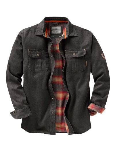 Journeyman shirt jacket,Extra layering design,Cotton and Polyester blend,Rugged waxed cotton suede,Soft to the touch,Weather-resistant material,Top-quality flannel lining,Ultimate warmth,Legendary Whitetails brand,Transitional jacket,Cold weather shield,Hand-warmer side pockets,Robust double-needle stitching,Durable construction,Snap closure,Snug fit jacket,Outdoor-ready apparel,All-season layer,Versatile shirt jacket,Stylish and functional attire